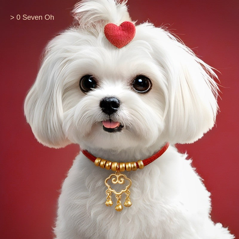 Chinese New Year Pet Collar - Lucky Longevity Lock Necklace for Dogs & Cats, Adjustable Red Rope with Gold Beads