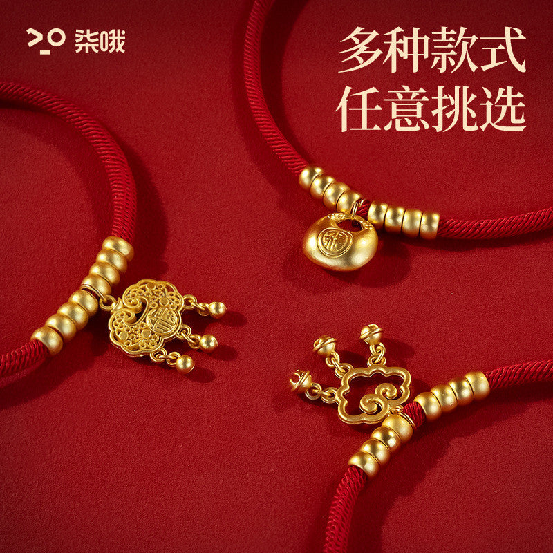 Chinese New Year Pet Collar - Lucky Longevity Lock Necklace for Dogs & Cats, Adjustable Red Rope with Gold Beads