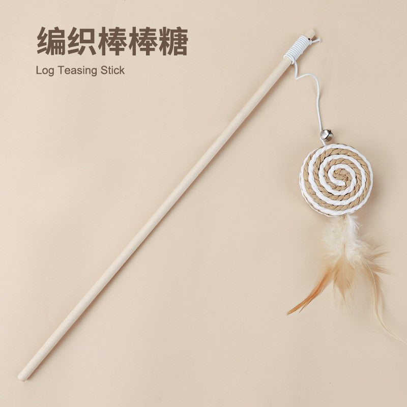 Cotton Linen Cat Teaser Wand with Feather & Bell – Long Handle Interactive Cat Toy for Playful Kittens