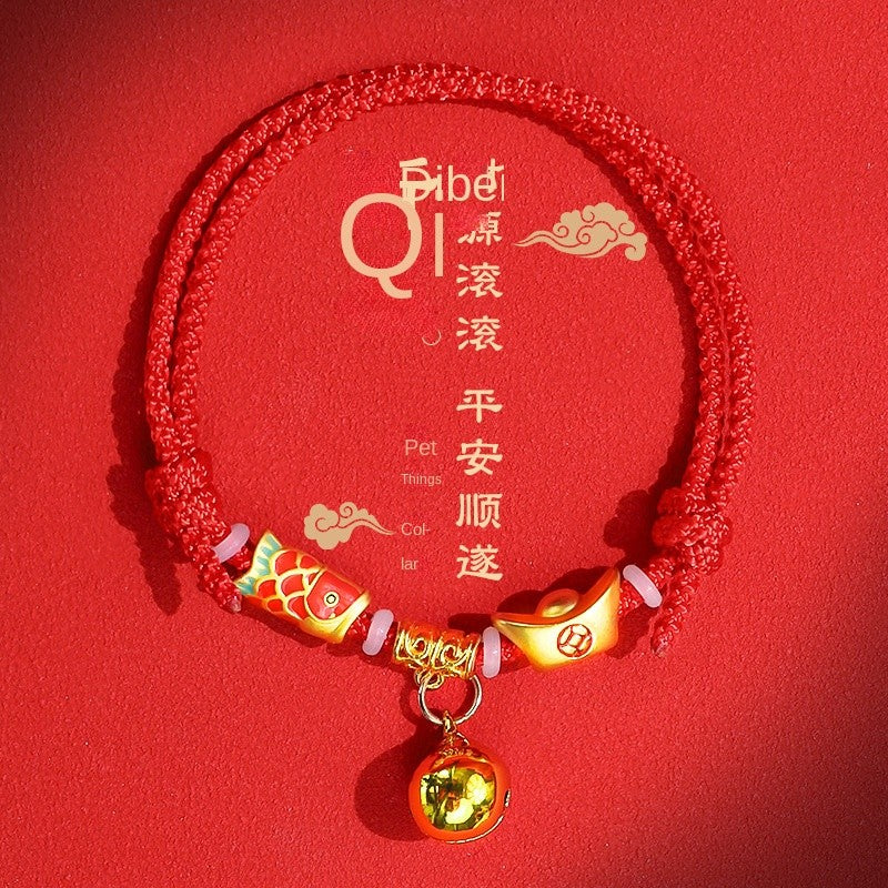 Lucky Red Pet Collar - Handmade Chinese New Year Necklace for Cats & Dogs, Adjustable Braided Rope with Gold Charm