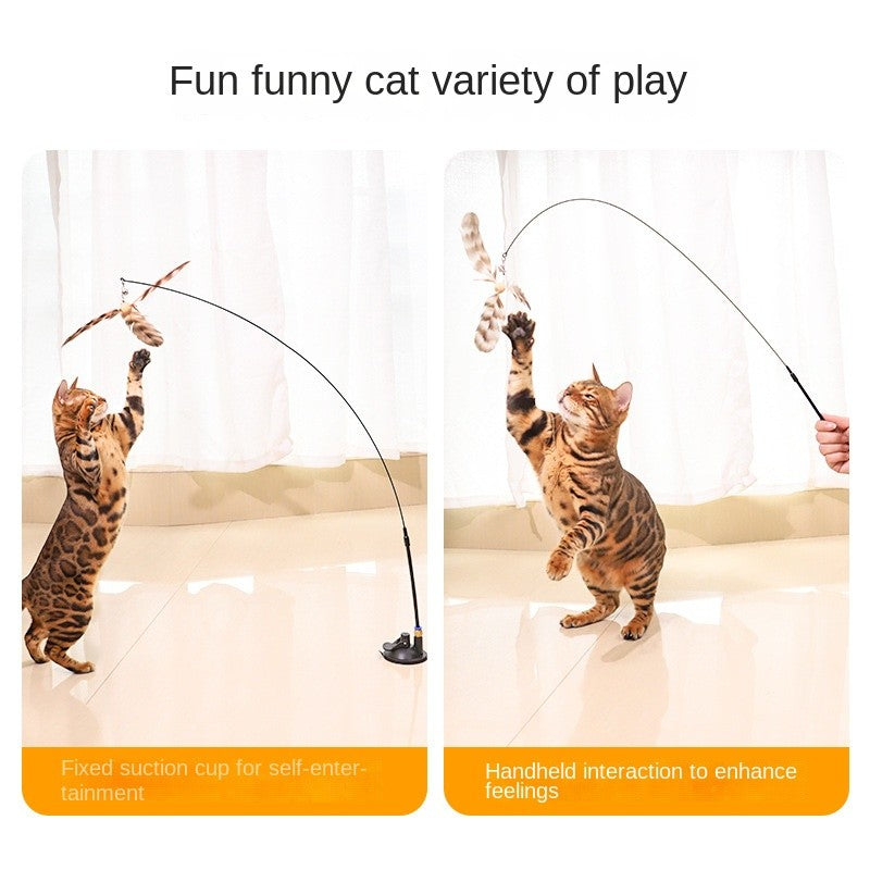 Suction Cup Cat Teaser Wand - Super Strong Stick with Bell & Feathers | Hands-Free OR Handheld Play