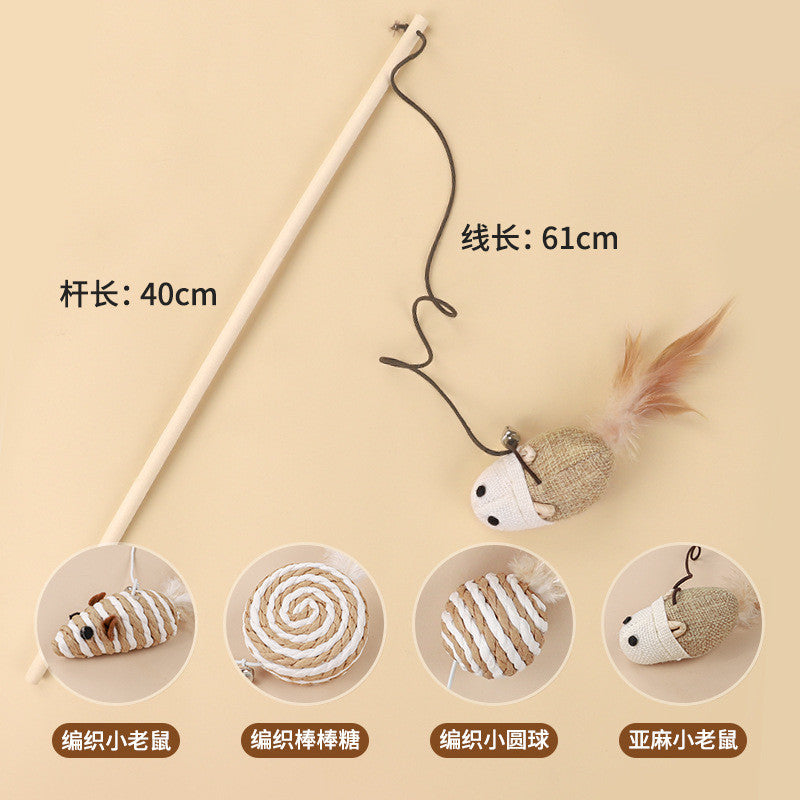 Cotton Linen Cat Teaser Wand with Feather & Bell – Long Handle Interactive Cat Toy for Playful Kittens