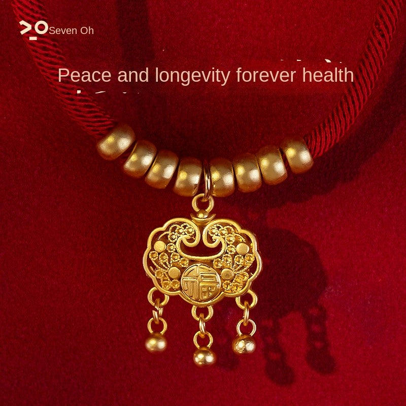 Chinese New Year Pet Collar - Lucky Longevity Lock Necklace for Dogs & Cats, Adjustable Red Rope with Gold Beads