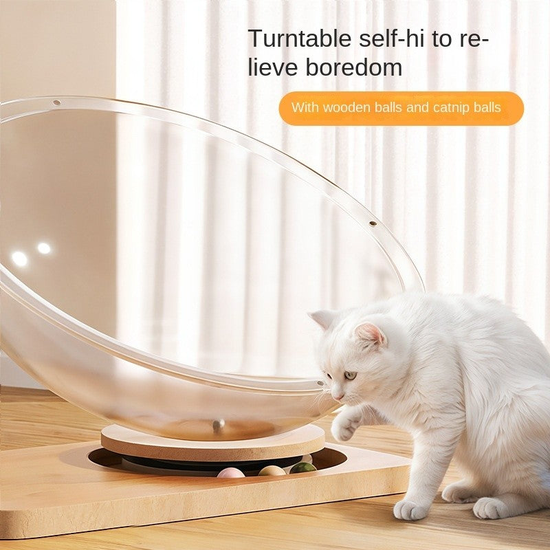 【4-Season】Space Capsule Cat Bed - Acrylic Cooling Pod Solid Wood Turntable Toy