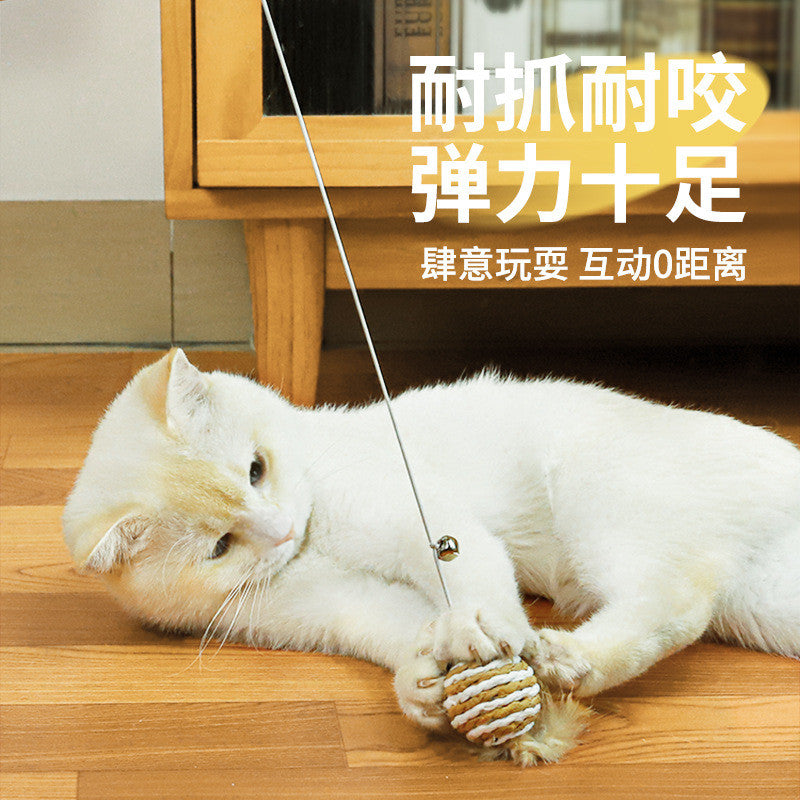 Cotton Linen Cat Teaser Wand with Feather & Bell – Long Handle Interactive Cat Toy for Playful Kittens