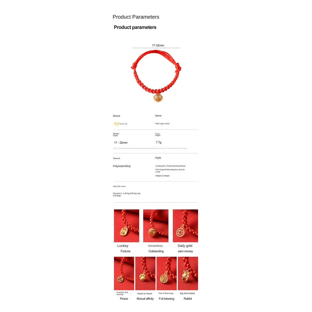Lucky Red Pet Collar - Handmade Chinese New Year Necklace for Cats & Dogs, Adjustable Braided Rope with Gold Charm