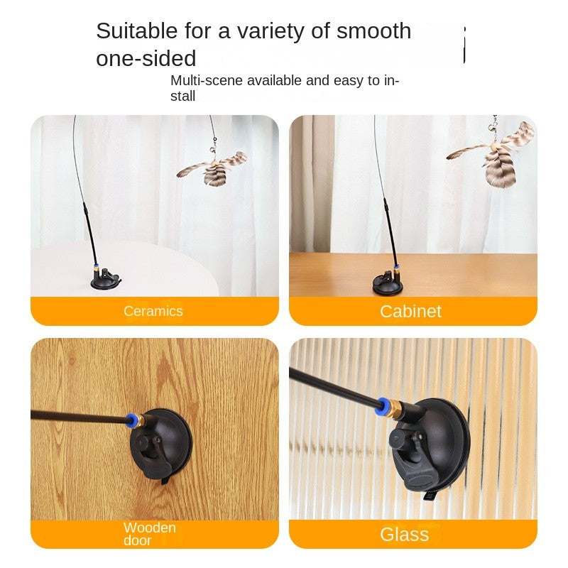 Suction Cup Cat Teaser Wand - Super Strong Stick with Bell & Feathers | Hands-Free OR Handheld Play