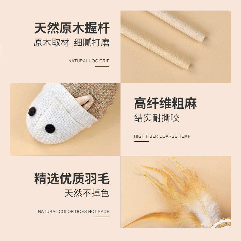 Cotton Linen Cat Teaser Wand with Feather & Bell – Long Handle Interactive Cat Toy for Playful Kittens