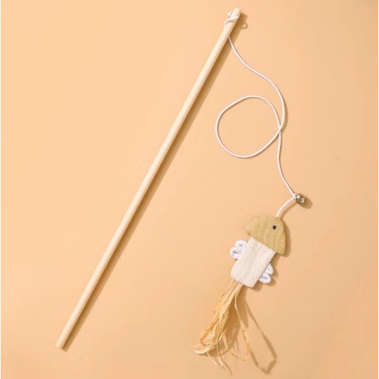 Cotton Linen Cat Teaser Wand with Feather & Bell – Long Handle Interactive Cat Toy for Playful Kittens