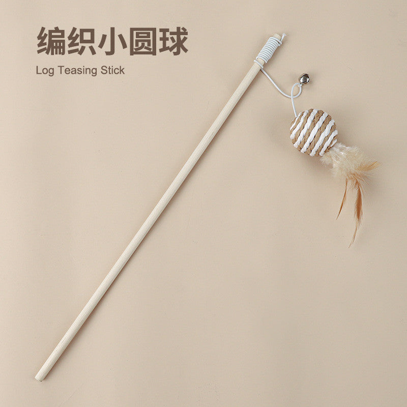 Cotton Linen Cat Teaser Wand with Feather & Bell – Long Handle Interactive Cat Toy for Playful Kittens