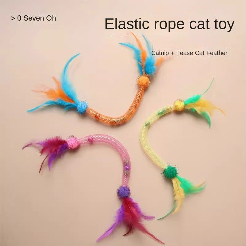 Cat Toy Set with Elastic Rope - Catnip Ball & Feather Teaser Wand | Kitten Teethering Chew Toys