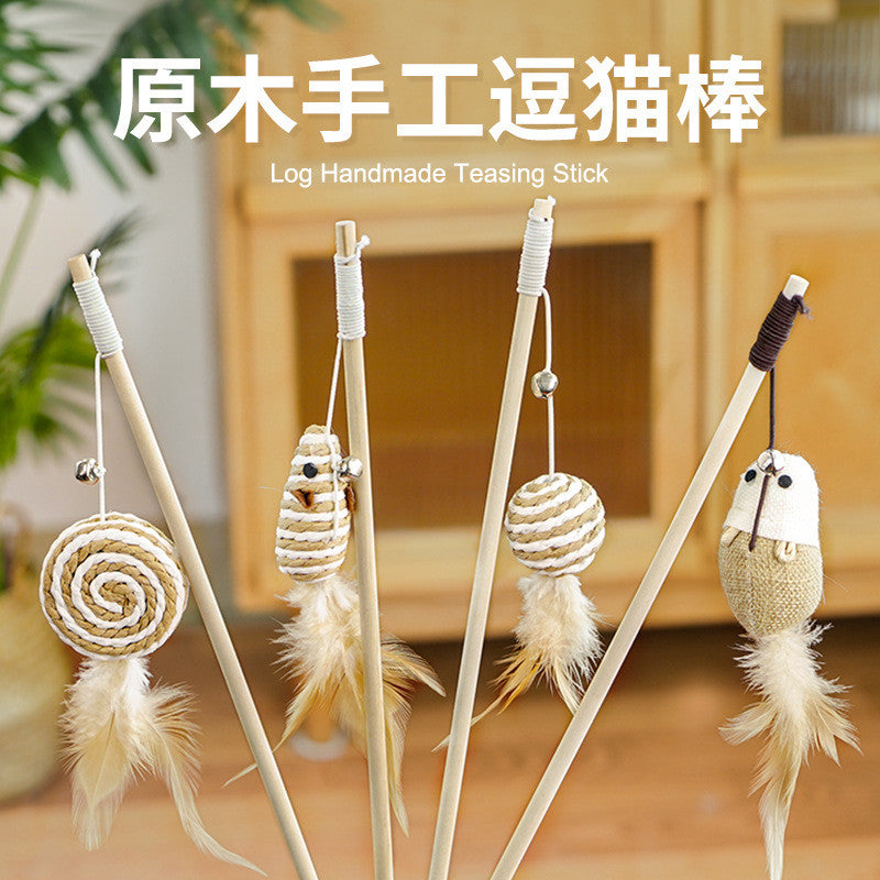 Cotton Linen Cat Teaser Wand with Feather & Bell – Long Handle Interactive Cat Toy for Playful Kittens