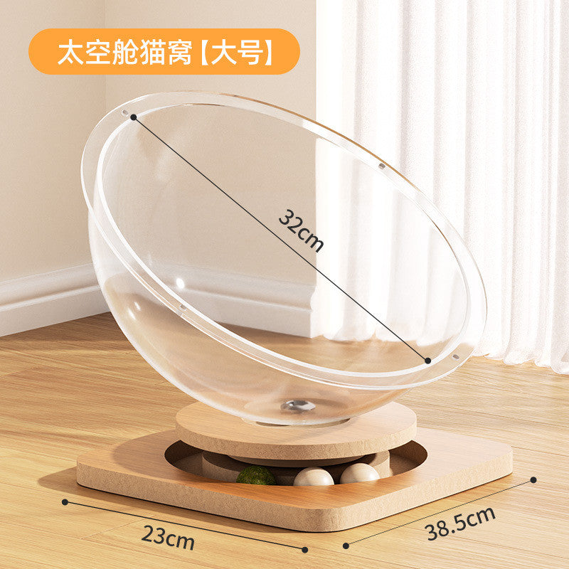 【4-Season】Space Capsule Cat Bed - Acrylic Cooling Pod Solid Wood Turntable Toy