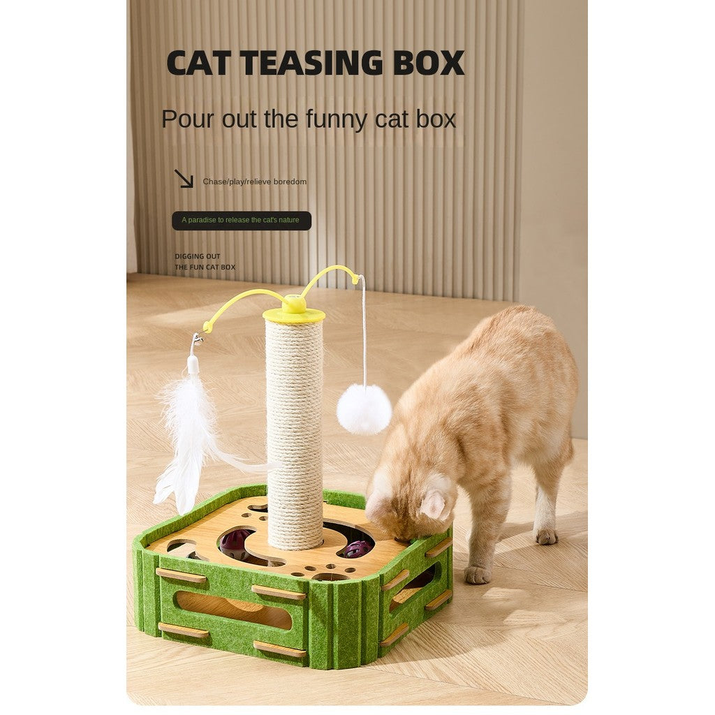 Self-Entertaining Cat Toy Set - Interactive Puzzle Box with Rotating Teaser & Scratch Holes | Boredom Relief for Kittens