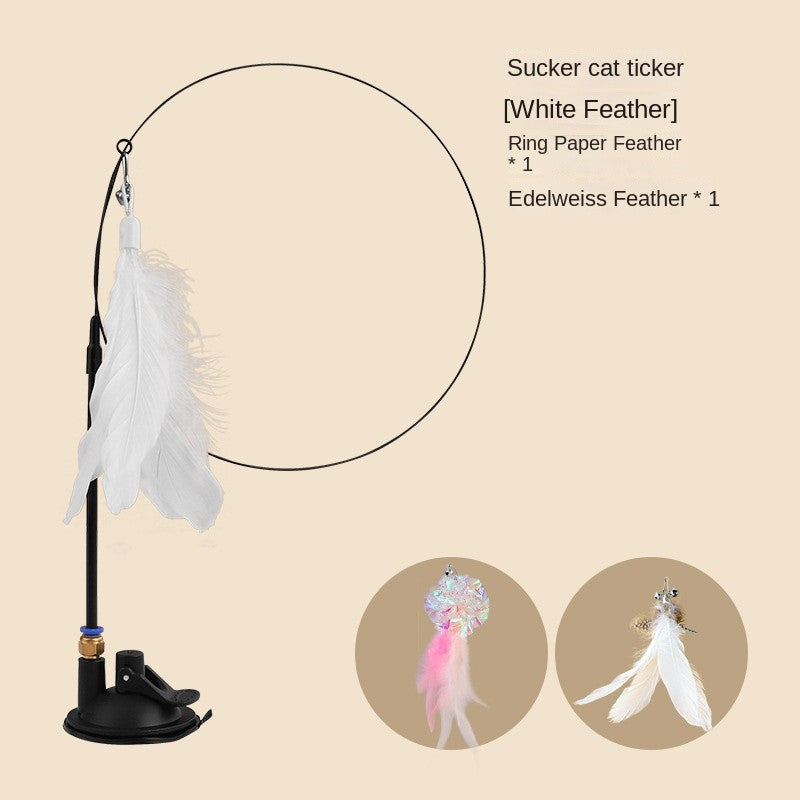 Suction Cup Cat Teaser Wand - Super Strong Stick with Bell & Feathers | Hands-Free OR Handheld Play