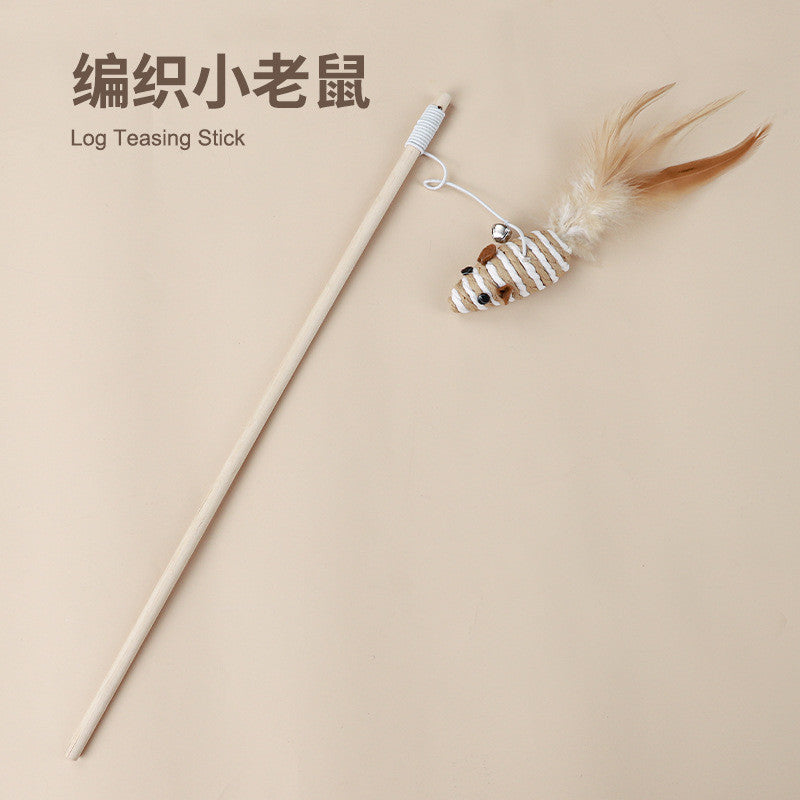 Cotton Linen Cat Teaser Wand with Feather & Bell – Long Handle Interactive Cat Toy for Playful Kittens