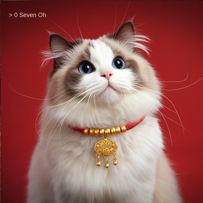 Chinese New Year Pet Collar - Lucky Longevity Lock Necklace for Dogs & Cats, Adjustable Red Rope with Gold Beads