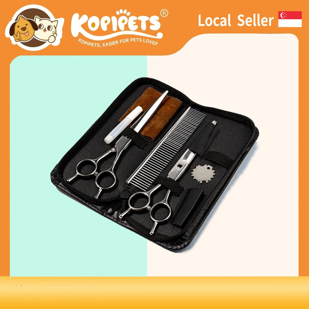 Professional Dog Grooming Scissors Set - Stainless Steel Round Tip & Thinning Shears