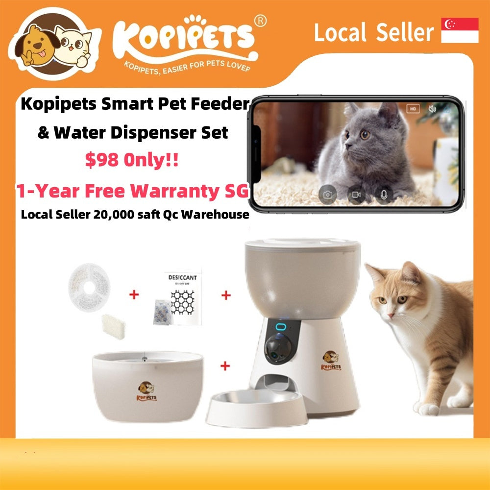 Kopipets Local Seller Smart Pet Feeder(4L) & Water Dispenser(3L) Set with HD Camera WiFi App Control