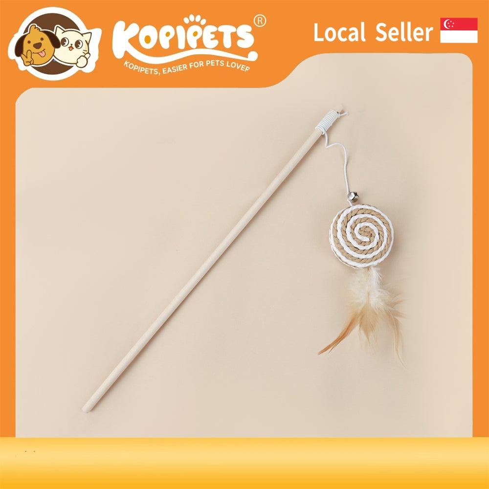 Cotton Linen Cat Teaser Wand with Feather & Bell – Long Handle Interactive Cat Toy for Playful Kittens
