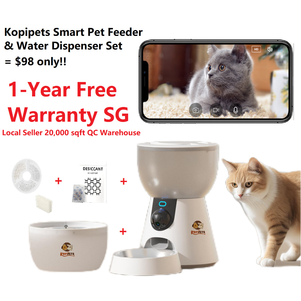 Kopipets Local Seller Smart Pet Feeder(4L) & Water Dispenser(3L) Set with HD Camera WiFi App Control