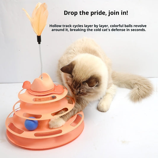 4-Layer Cat Toy Tower Rotating Ball Track with Feather Teaser, Interactive Cat Play Tower