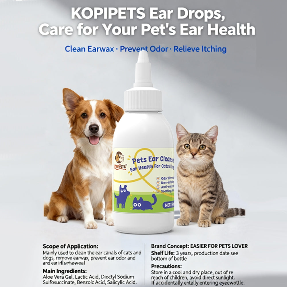 KOPIPETS 50ml Ear Cleanser for Cats & Dogs – Ear Cleaning, Earwax Removal, Prevent Odor & Inflammation