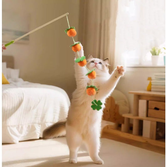 Kopipets Interactive Cat Teaser Wand Toy Wooden Stick with Bell Plush Durable Training Toy