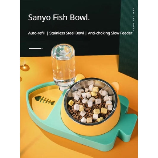 Kopipets 3-in-1 Fish-Shaped Pet Bowl Cat Dog Water & Food Feeder Stainless Steel