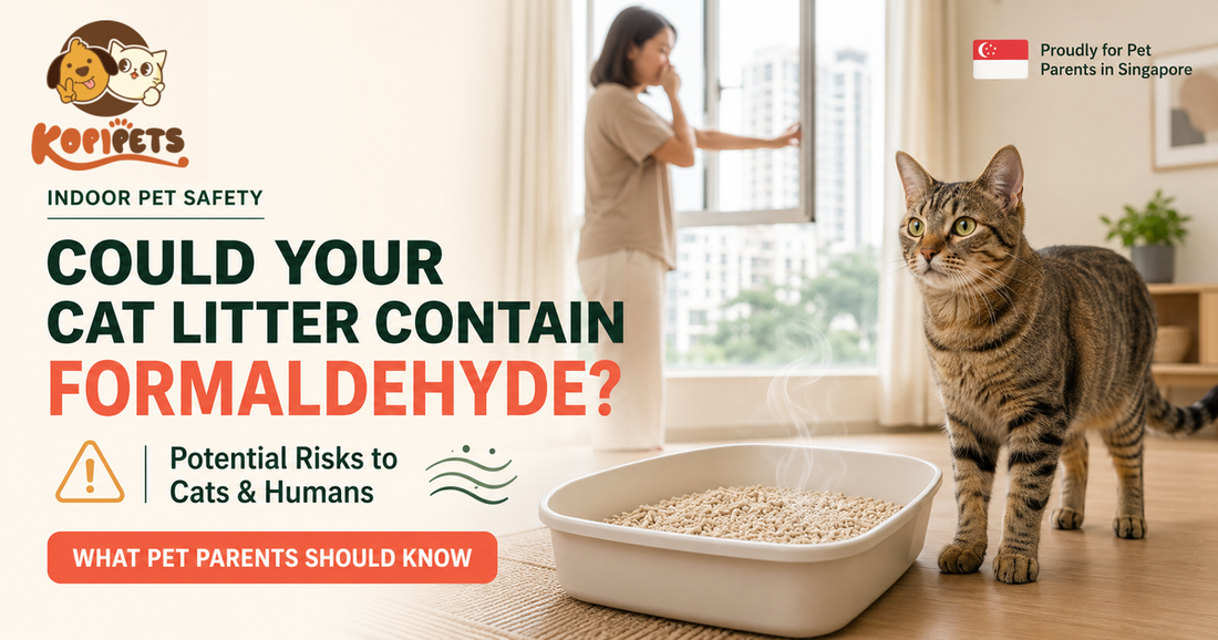 Tabby cat beside a white tray of tofu cat litter in a Singapore HDB flat, with a woman covering her nose at the window — could cat litter contain formaldehyde?