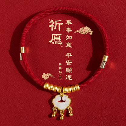 Chinese New Year Pet Collar - Lucky Longevity Lock Necklace for Dogs & Cats, Adjustable Red Rope with Gold Beads