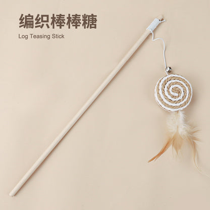 Cotton Linen Cat Teaser Wand with Feather & Bell – Long Handle Interactive Cat Toy for Playful Kittens