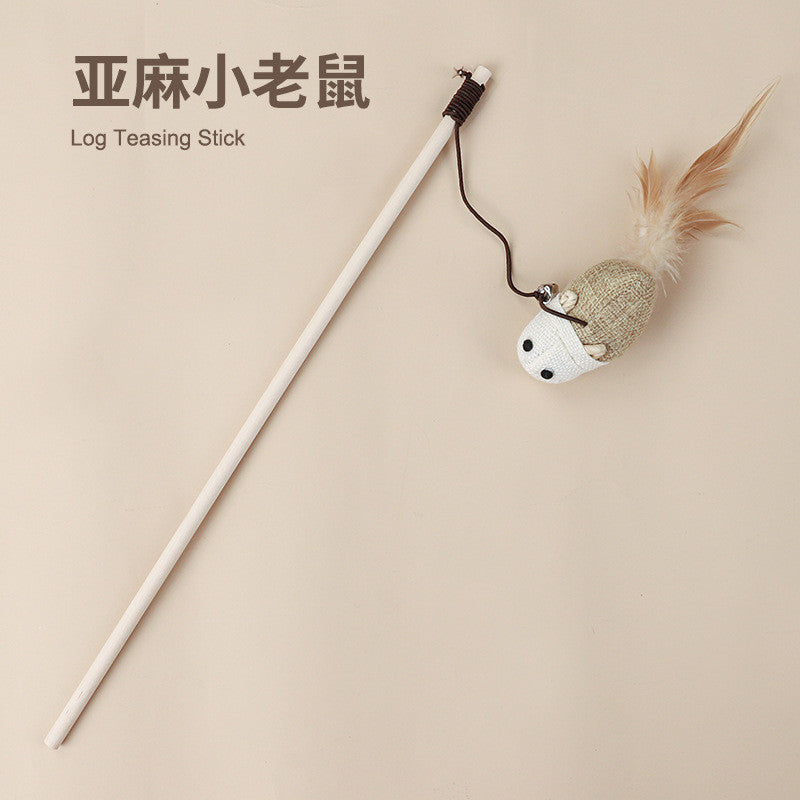 Cotton Linen Cat Teaser Wand with Feather & Bell – Long Handle Interactive Cat Toy for Playful Kittens