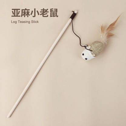 Cotton Linen Cat Teaser Wand with Feather & Bell – Long Handle Interactive Cat Toy for Playful Kittens