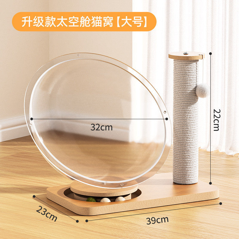 【4-Season】Space Capsule Cat Bed - Acrylic Cooling Pod   Solid Wood Turntable Toy