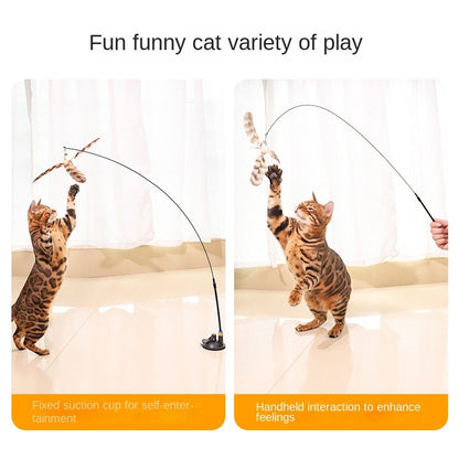 Suction Cup Cat Teaser Wand - Super Strong Stick with Bell & Feathers | Hands-Free OR Handheld Play