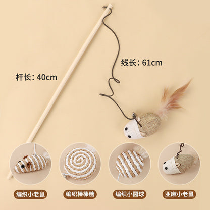Cotton Linen Cat Teaser Wand with Feather & Bell – Long Handle Interactive Cat Toy for Playful Kittens