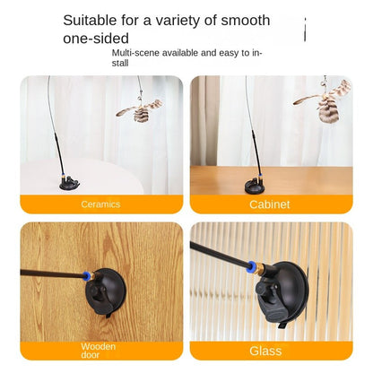 Suction Cup Cat Teaser Wand - Super Strong Stick with Bell & Feathers | Hands-Free OR Handheld Play
