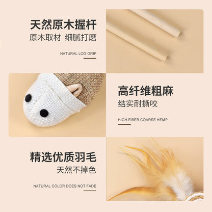 Cotton Linen Cat Teaser Wand with Feather & Bell – Long Handle Interactive Cat Toy for Playful Kittens
