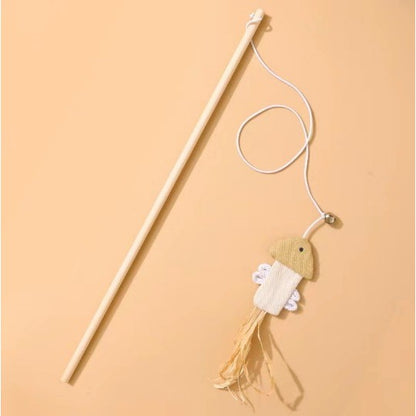 Cotton Linen Cat Teaser Wand with Feather & Bell – Long Handle Interactive Cat Toy for Playful Kittens