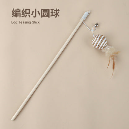 Cotton Linen Cat Teaser Wand with Feather & Bell – Long Handle Interactive Cat Toy for Playful Kittens