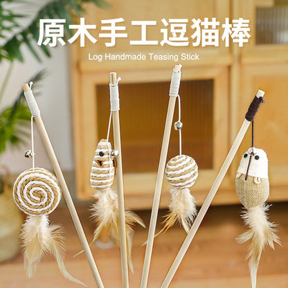 Cotton Linen Cat Teaser Wand with Feather & Bell – Long Handle Interactive Cat Toy for Playful Kittens