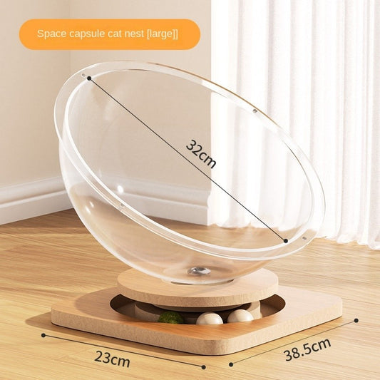 【4-Season】Space Capsule Cat Bed - Acrylic Cooling Pod   Solid Wood Turntable Toy