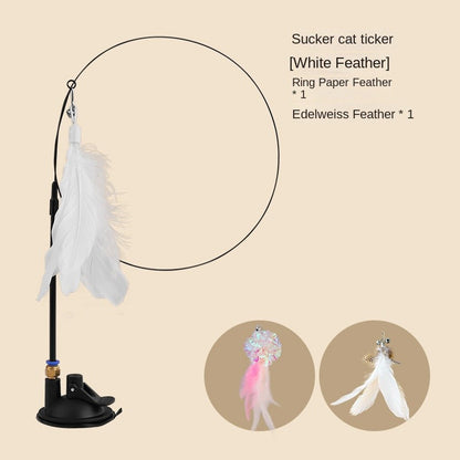 Suction Cup Cat Teaser Wand - Super Strong Stick with Bell & Feathers | Hands-Free OR Handheld Play