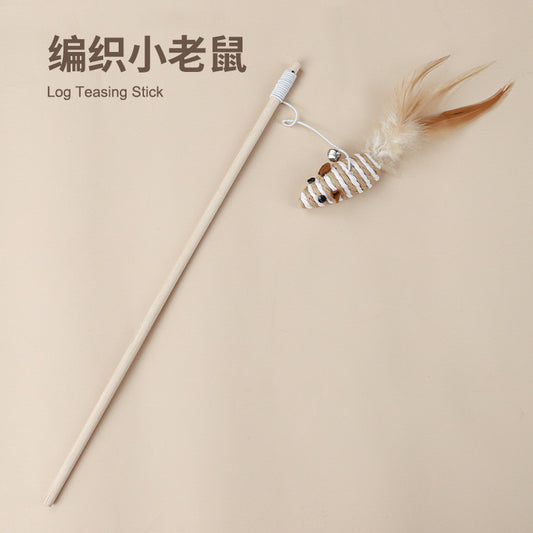 Cotton Linen Cat Teaser Wand with Feather & Bell – Long Handle Interactive Cat Toy for Playful Kittens