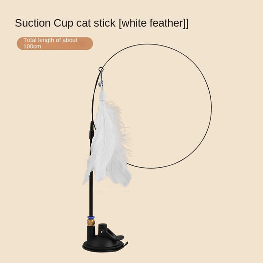 Suction Cup Cat Teaser Wand - Super Strong Stick with Bell & Feathers | Hands-Free OR Handheld Play