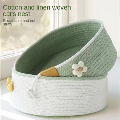 Breathable Cotton Cat Bed - Summer & All-Season Woven House for Multi-Cat Homes