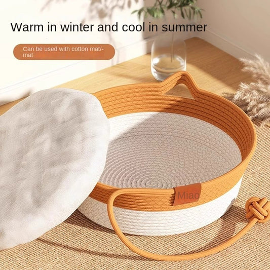 Rattan Cat Bed - Winter Warm Semi-Enclosed Pet House for 4-8kg Cats/Small Dogs