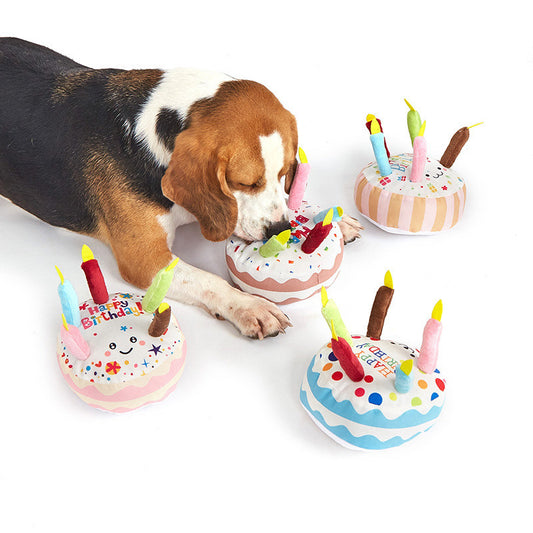 Dog Birthday Cake Toy - Plush Squeaky Chew Toy for Puppy Parties & Teething Relief