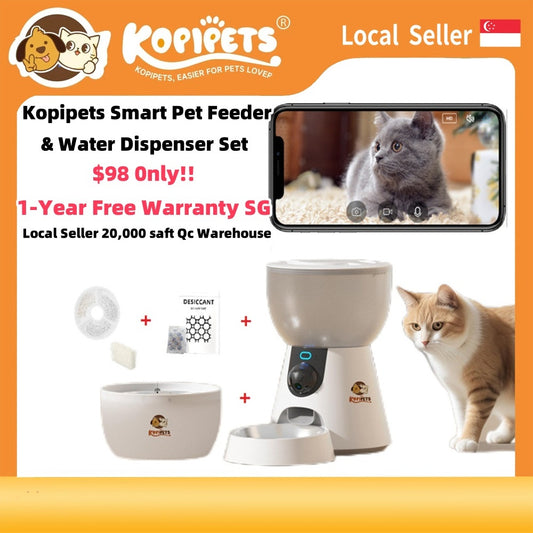 Kopipets Local Seller Smart Pet Feeder(4L) & Water Dispenser(3L) Set with HD Camera WiFi App Control
